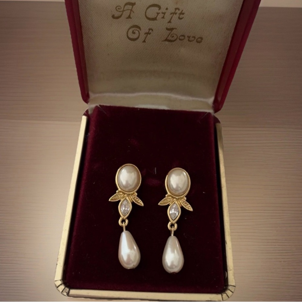 Marcella Gold Tone Earrings with a White Faux Pearl Dangling Rhinestone, In Box
